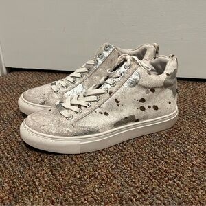 J Slides calf hair silver spot splatter high top zipper sneakers. Sz. 8.5